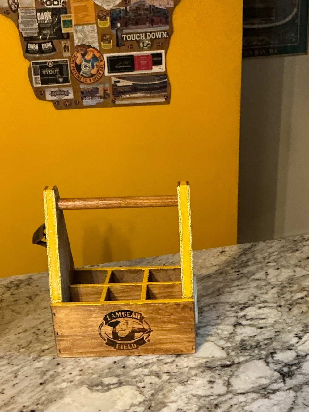 Hand Decorated Green Bay Packers & Lambeau Field Wooden bottle caddy